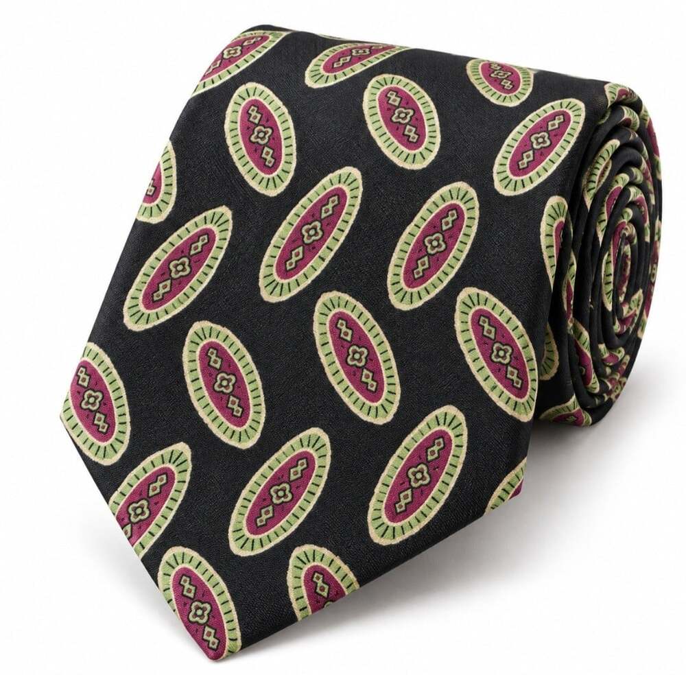 Ferrell Reed Saks Fifth Avenue Silk Tie Made USA Black Burgundy Medallion 3.75”